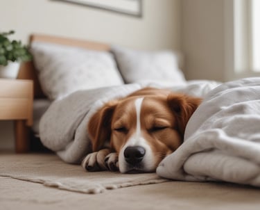 Two dogs resting comfortably on soft bedding in a calm, cage-free room.