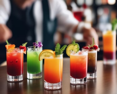 Festive cantina scene with two bartenders mixing colorful cocktails for a lively crowd.