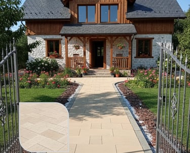 Pavaj Antico Travertin montat în curte rezidențială, aspect elegant de piatră naturală