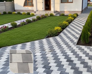 Pavaj Quatro montat în curte rezidențială, dale pătrate în nuanțe de alb ciment si gri ciment