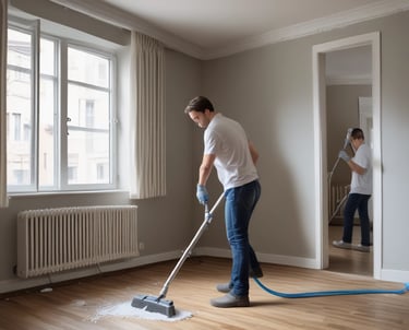 A cleaner wiping surfaces in a spacious mid-size apartment, sunlight streaming through windows.