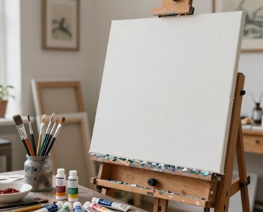 Artist painting a colorful landscape in a cozy studio filled with art supplies.