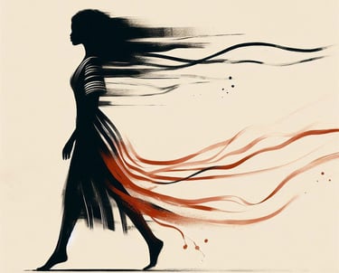 a woman walking down a street with a long flowing hair