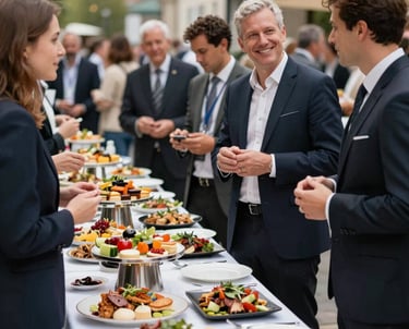 A premium catering event with beautiful street food presentation, happy corporate guests chatting warmly outdoors.