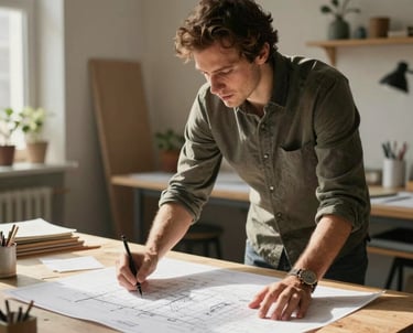 A creative restaurant designer examining blueprint plans in a sunlit warm-toned studio in Germany, smart casual style.
