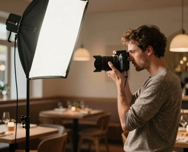 Professional photographer setting up lighting in a beautiful warm culinary restaurant environment in Germany, artistic vibe.