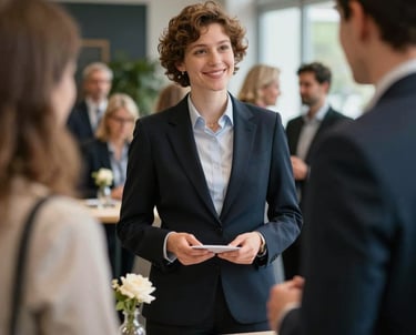 Friendly corporate host welcoming corporate guests at a beautifully organized upscale event in Germany.