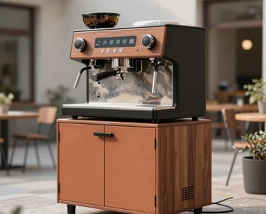 A stylish, compact mobile espresso bar setup in a clean business courtyard in Germany, terracotta and black wood details.