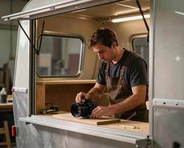 An experienced master craftsman working in a warm industrial workshop, building high-end food trailer structures, focused and professional.
