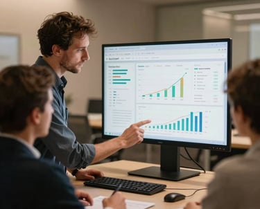 A focused corporate analyst reviewing development data on a high-tech screen in a modern warm meeting room in Germany.
