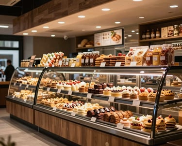 A bustling modern bakery franchise counter in Germany with warm overhead lighting and beautifully organized fresh products.