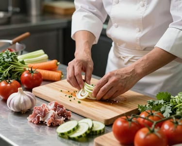 A food preparation area where a master chef is arranging fresh high-quality local ingredients with care.