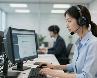 A sleek workspace with multiple monitors displaying code and network diagrams.