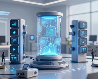 A friendly team collaborating over laptops in a bright, modern office space.