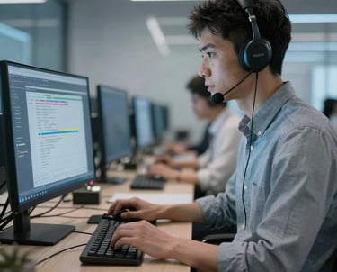 A sleek workspace with multiple monitors displaying code and network diagrams.