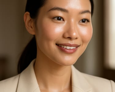 Photography of a young professional woman with glowing, healthy skin, representing the success of Korean skincare products in Colombia.