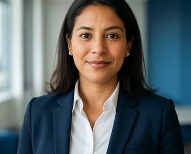 Portrait of a professional Colombian woman in business attire, looking approachable and confident, in a bright modern setting with medium blue accents.