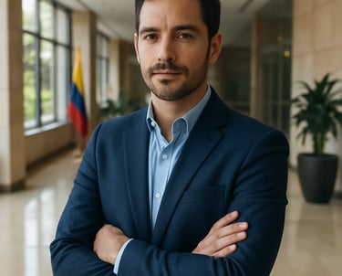 A professional man in a casual business suit, representing leadership and regional growth, in a bright Colombian corporate lobby.