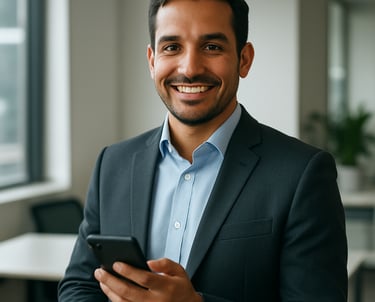 Photography of a male professional in Colombia, smiling and holding a smartphone, representing digital business support in a clean office environment.