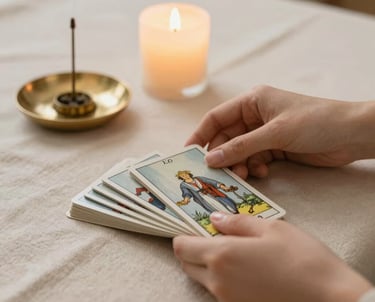 A serene, softly lit tarot card spread on a minimalist wooden table.