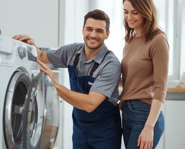 Técnico Consertando Máquina de Lavar em BH com a cliente ao lado.
