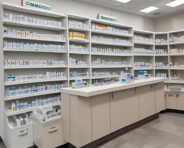 A friendly pharmacist assisting a customer with medication in a bright, modern pharmacy setting.