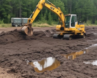 A rugged terrain site undergoing hydrocarbon-contaminated soil remediation with heavy machinery.