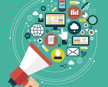 Colorful graphic featuring different icons related to being online.