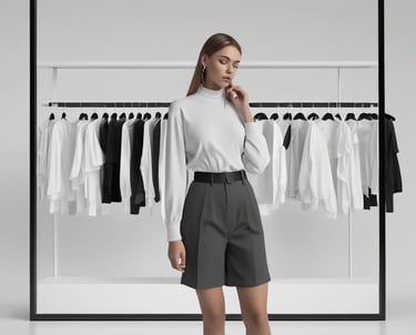 A cozy minimalist outfit laid out on a wooden table with soft natural light.