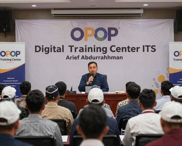 A vibrant training session with pesantren participants engaged in hands-on activities, featuring green and blue tones.