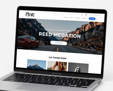 A sleek modern website displayed on a laptop with blue-themed interface.