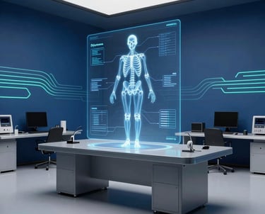 Futuristic lab environment blending human anatomy visuals with advanced assistive technology devices.