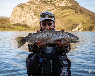 Pescador con trucha en la mano en el pantano del Porma