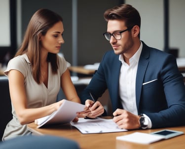 A professional advisor discussing financial plans with a small business owner in a cozy office.