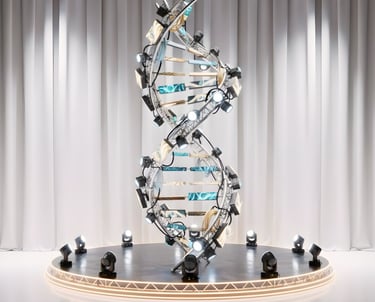 A DNA double helix sculpture made of stage trusses and studio lights on a circular platform with white curtains.