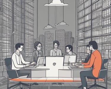 Diverse business team collaborating on laptops in a modern city office illustration.
