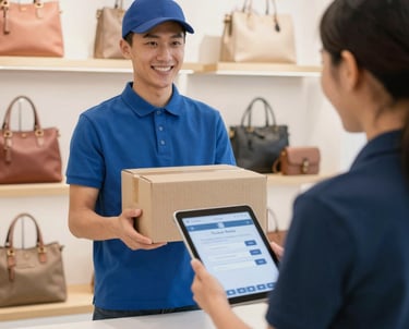 Courier delivering a package to a happy customer on a tablet screen for an e-commerce handbag store.