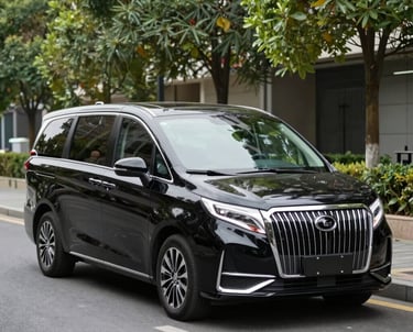 A luxury car driving through Boston city streets with a Chinese family inside