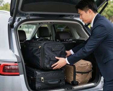 A professional Chinese driver opening car door for a smiling Chinese passenger at Boston Logan Airport.