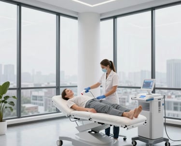 A warm, inviting treatment room bathed in soft deep blue light, showcasing advanced Invisa-Red™ laser equipment.