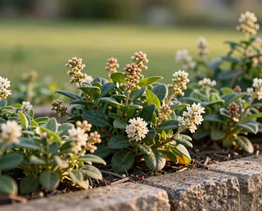 White flowering Skimmia japonica shrub in a stone garden border with evergreen leaves.