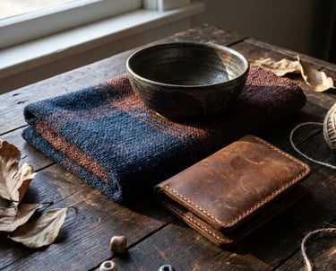 Lifestyle flatlay for independent brand — ceramic bowl, woven textile, leather wallet on rustic wood