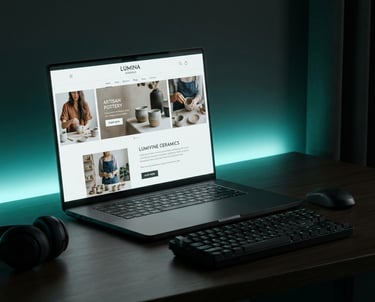 AI-powered e-commerce content studio result — branded lifestyle store on laptop screen