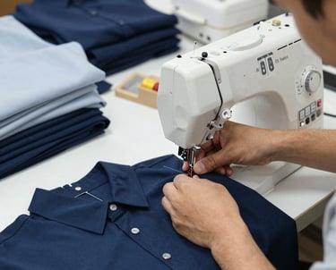 A skilled tailor carefully stitching a men's shirt in a bright, modern factory setting.