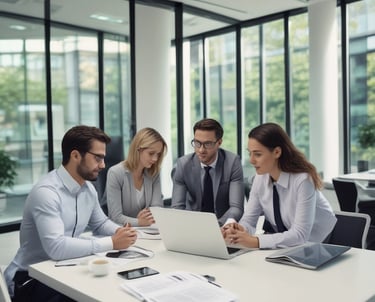 A professional team discussing strategy around a modern conference table.