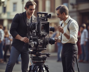 Black and white photograph of a dapper man in 1920s attire, standing in front of an art deco theater marquee illuminated with silver and gold lights.