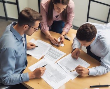 Professional engineers collaborating over mechanical design plans in an office setting.