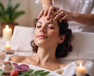 A serene spa setting with natural light filtering through linen curtains and soft stone textures.