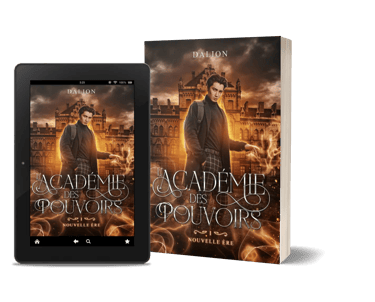 Mockup ebook et broche L'académie des pouvoirs tome 1 nouvelle ère - L. Dalion, auteure.