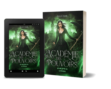 Mockup ebook et broche L'académie des pouvoirs tome 2 l'éveil - L. Dalion, auteure.